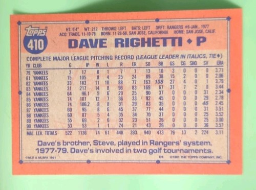 1991 Topps - Dave Righetti #410 - Yankees de Nueva York - Imagen 2 de 2