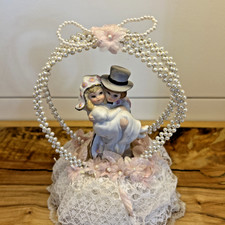 Cake topper matrimonio vintage ceramica sposi perle rosa/bianco