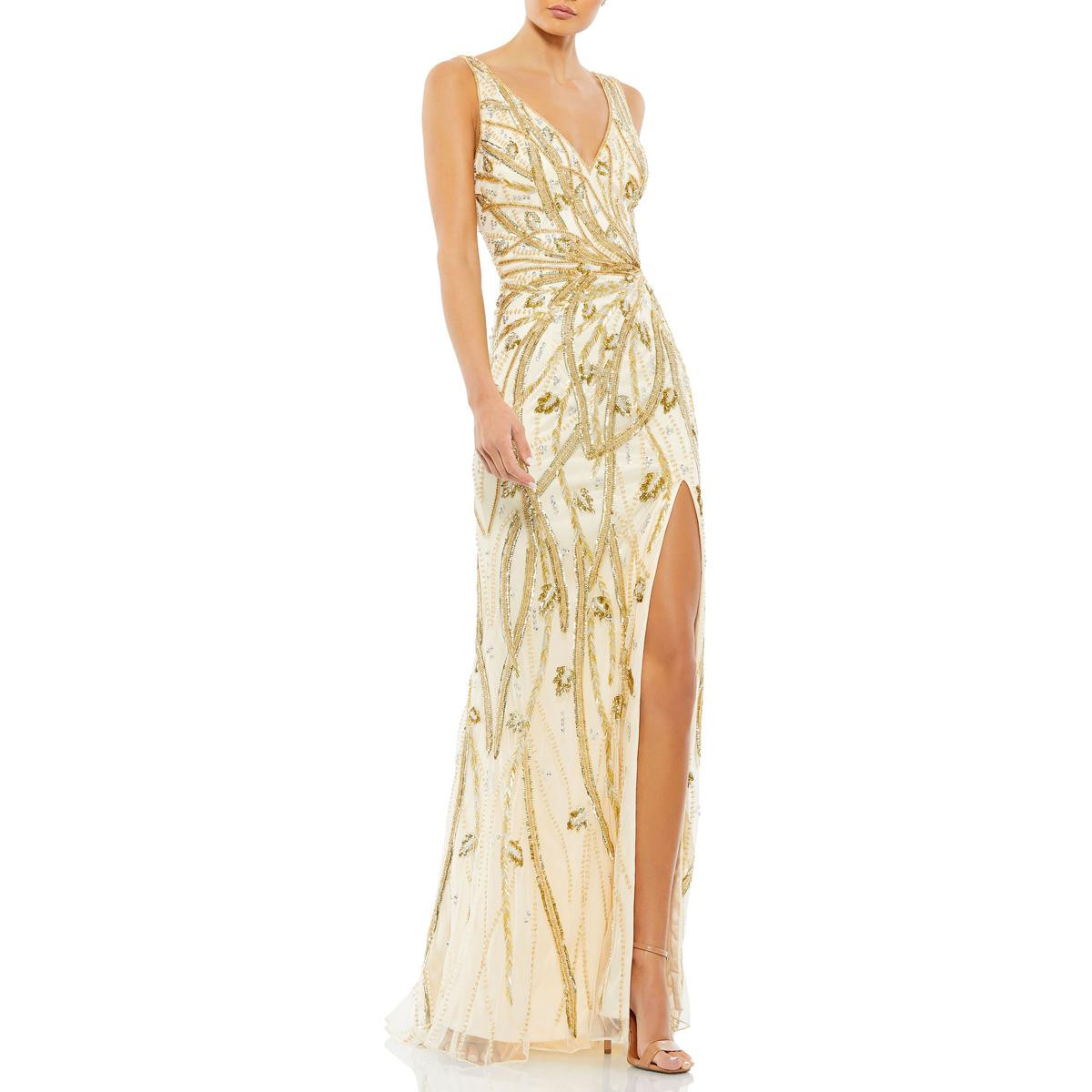 Женское бежевое вечернее платье Mac Duggal, украшенное бисером, 4 BHFO 4301