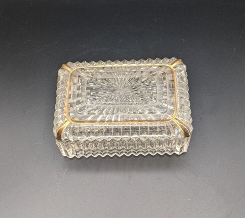 Vintage Clear Cut Glass Trinket Dresser Box Sawtooth Edge Gold Trim Lid 5 x 3.5" - Picture 1 of 6