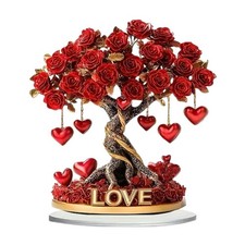 New Romantics Heart Rose Flower Tree Sculpture 2D Acrylic Ornament with Base