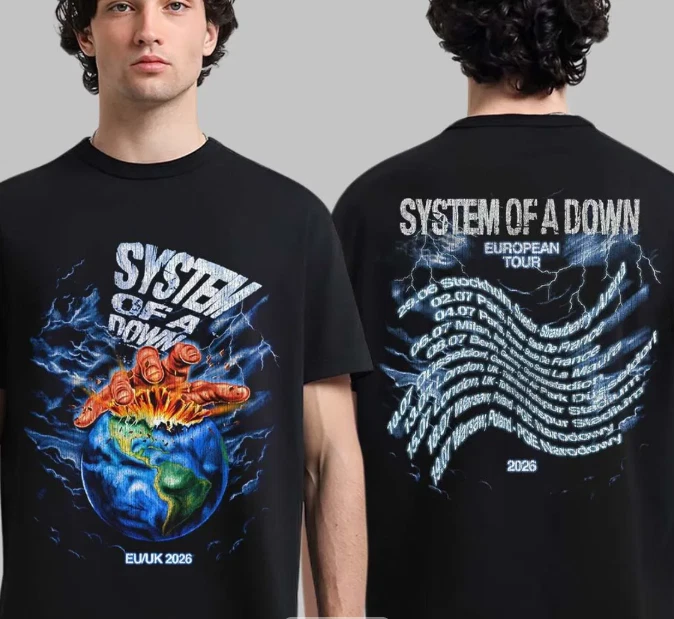 SYSTEM OF DOWN EU UK Tour 2026 T-Shirt Hand Over Globe 2-Sided Concert Dates T-Shirt