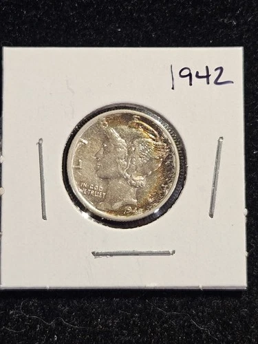 1942 P MERCURY DIME! RAINBOW TONING TONED! BU 90% SILVER.  NO RESERVE!!!!
