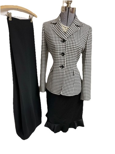 NEW Le Suit Pant Suit Skirt Suit Size 4P Three Piece Set Houndstooth Plaid EXEC - Picture 1 of 24