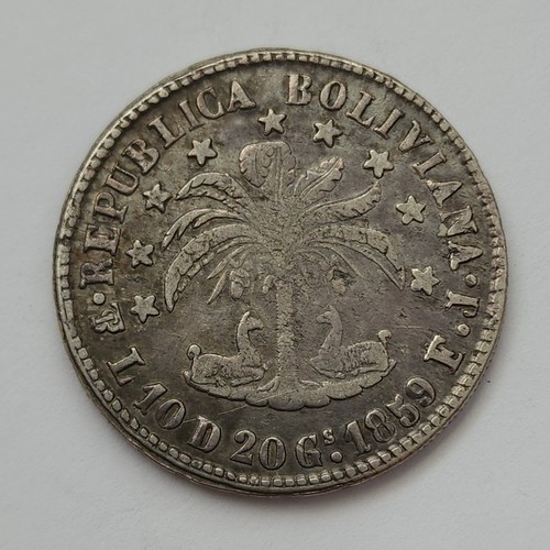 BOLIVIA Silver Coin 8 Soles 1859 PESO 400 Gs. VF - 第 2/2 張圖片