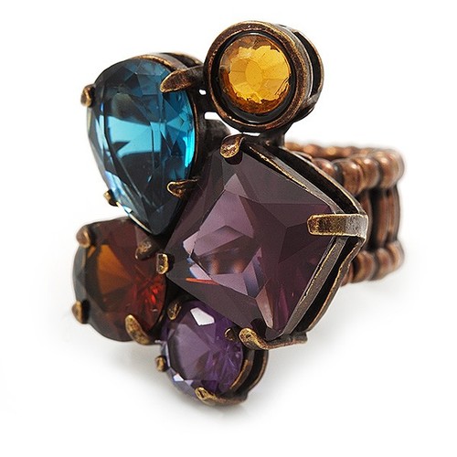 Multicoloured Glass Bead Cluster Flex Ring In Bronze Metal - 30mm Across - Size - Picture 3 of 6