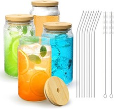 Finew Glass Cups with Bamboo Lids and Straws, 4 Set 16oz Iced Pack of 4 