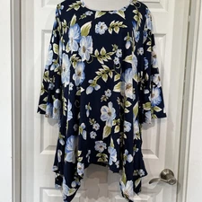 White Mark Women's Plus Size 3X Blue Stretch Floral Botanical Print Blouse Tunic