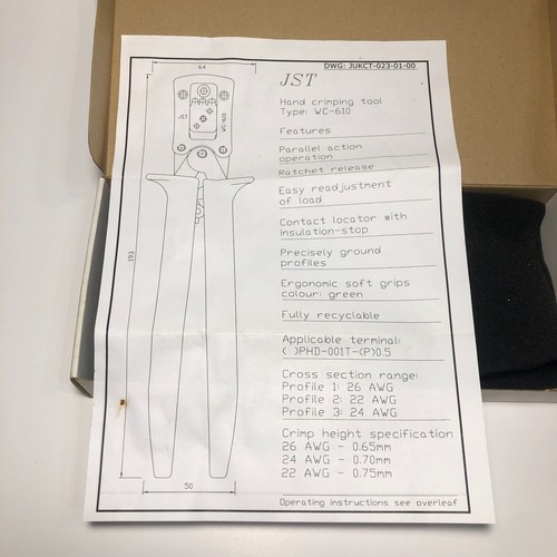 JST WC-610M Ratcheting Crimp Tool SPAL/PHD-001T-P0.5 Socket/Pin Crimper 26-22AWG - Picture 5 of 6
