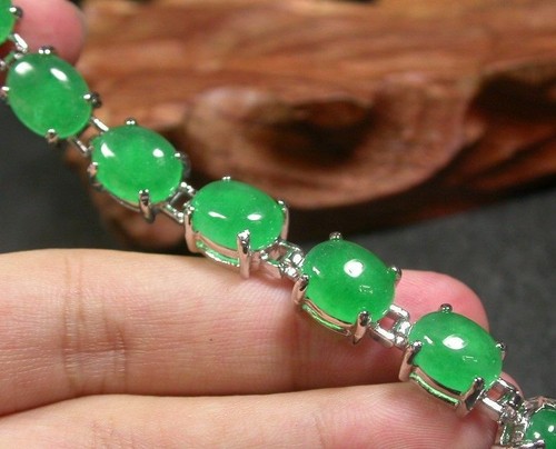 Fashion White Gold Plated Link Clasp Green Jade Cabochon Beads Bangle Bracelet - Picture 4 of 7