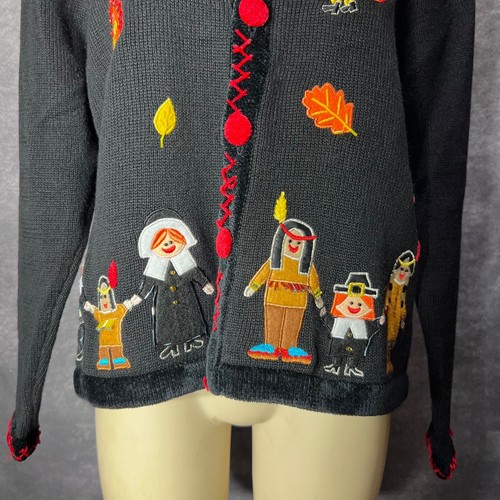 Vtg Jack B Quick Thanksgiving Cardigan Womens L Turkey Pilgrim Native American - Picture 3 of 14
