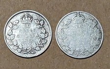 2 X Ten 10 Cents Canada 1919 & ? King George V British Empire Silver Coins