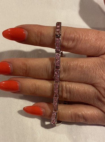 Bracciale Tennis Argento Sterling Zirconi Rosa Zirconi Quadrati 12g - Foto 15 di 16
