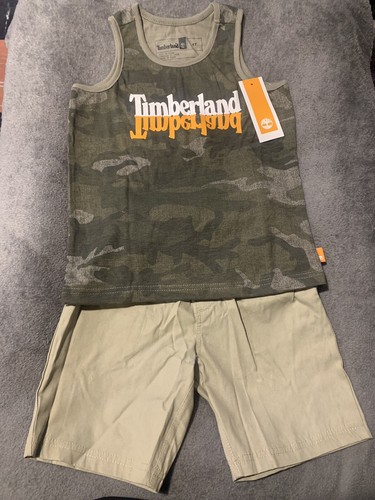 Nuevo con etiquetas Conjunto de 2 piezas Timberland Camiseta sin mangas/pantalones cortos caqui para niños pequeños talla 3T - Imagen 1 de 6