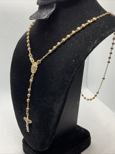 VINTAGE HANDMADE 14K T/T Gold ROSARY Chain Necklace VIRGIN MARY & CROSS Pendant - Picture 12 of 23