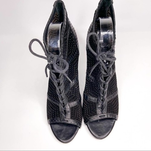 Womens Joie Size 9.5 Shari Black Snake Embossed Leather Mesh Bootie Open Toe  - Picture 3 of 11