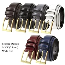 Men's Belt Classic Gold Buckle Genuine Leather Dress Belt 1-3/8"(35mm) Wide