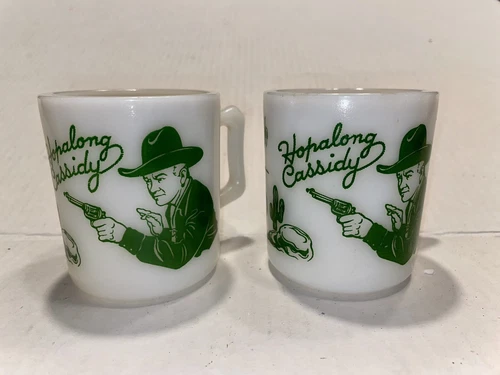 2 Vintage Hopalong Cassidy Milk Glass Mug Cup w/ Green Graphics - 1950'S