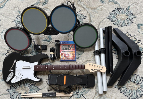 PS4 PS5 Rock Band 4 Bundle Fender Sratocaster Guitar Wired Drums Mic Playstation - Picture 13 of 24
