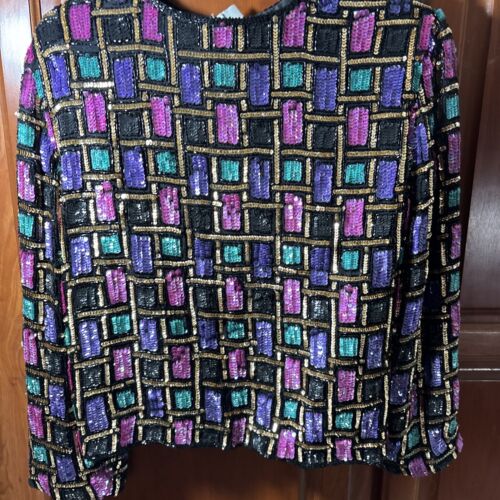 Vintage Papell Boutique Evening Multicolor Sequin Silk Jacket Women's Size Large - Picture 4 of 5
