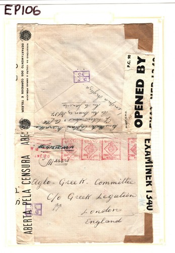 BRAZIL WW2 Cover *GREEK LEGATION* GB London MULTIPLE CENSOR 1943 {samwells}EP106 - Picture 7 of 7
