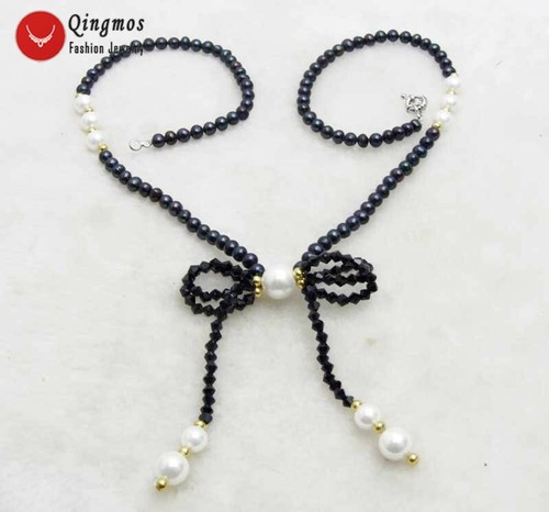 5-6mm Round Black Pearl Necklace for Women & Pearl Bowknot Pendant Chokers 17'' - Picture 11 of 25
