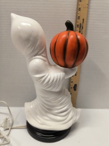 Vintage Keramik 12" Halloween laufendes Gespenst mit Kürbis auf beleuchtetem Sockel RAR - Bild 5 von 9