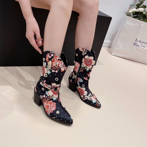 Women Pointed Toe Block Heels Floral Printed Mid Calf Boots Rhinestone Zip Boots - Picture 10 of 24