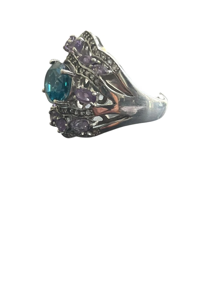 Anillo Sima K Piedras Preciosas Londres Topacio Azul Amatista Plata Esterlina Talla 8 Foto 3 de 4