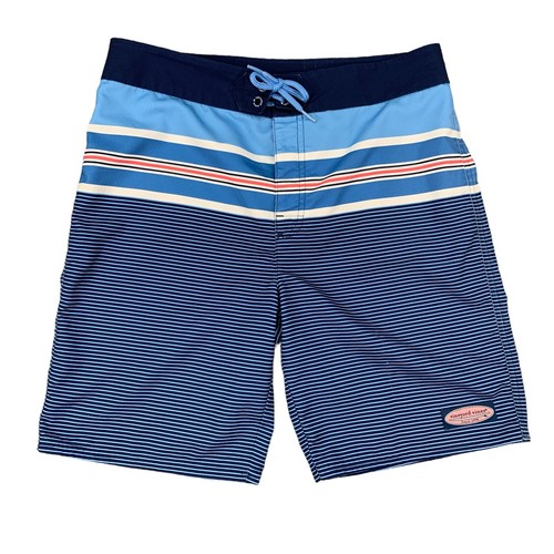 Vineyard Vines Board Shorts Boys L Large Birchcliff Stripe Navy Blue Swim Surf - Picture 1 of 14