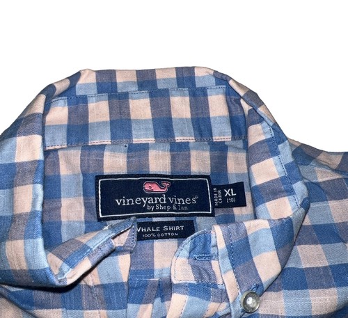 Boy's Vineyard Vines Blue Pink Plaid Lightweight Button Down Shirt Top LS XL 18 - Picture 3 of 4