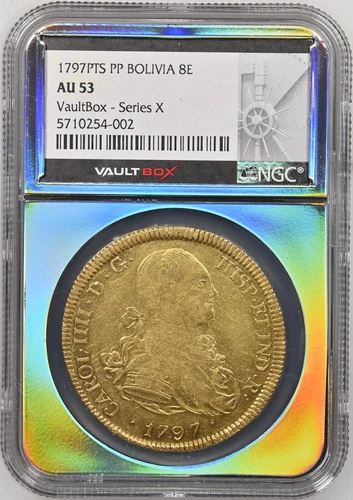 1797 Bolivia 8 Escudos Gold Charles IV PTS-PP NGC AU53 – Scarce Colonial Gold