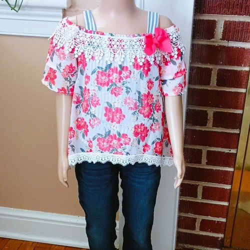 Girl Sheer Floral Overlay Top 4T Blue Stripe Lining Off the Shoulder Lace Collar - Picture 6 of 8