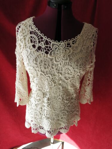 ROZ & ALI blouse top size S Ivory Crochet Lace overlay type floral abstract