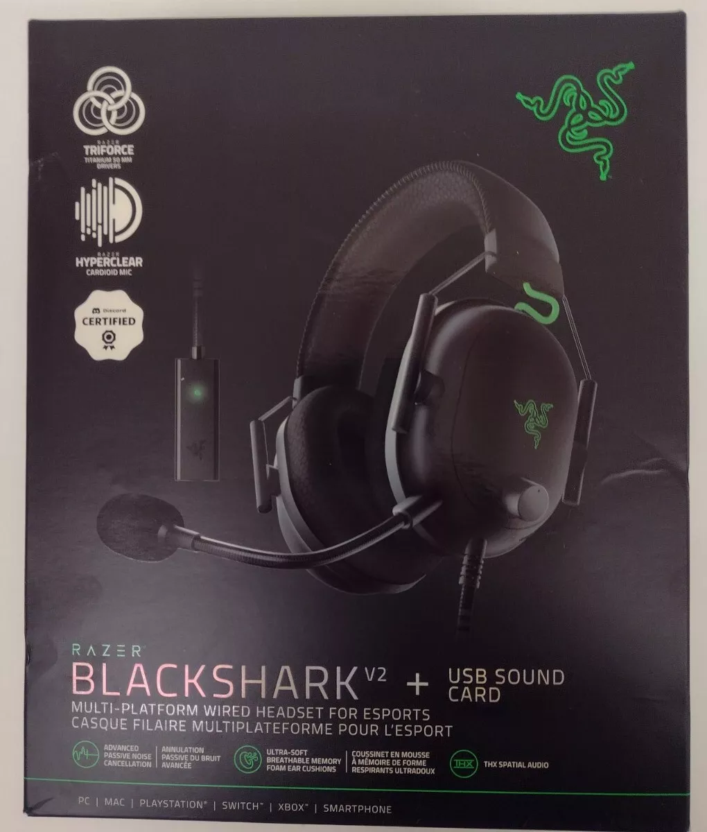 Razer BLACKSHARK V2 and USB SOUND CARD multi-Platform Headset For ESPORTS  PC/MAC/PLAYSTATION 4/ SWITCH/ XBOX 1/ SMARTPHONE 50MM DRIVERS.