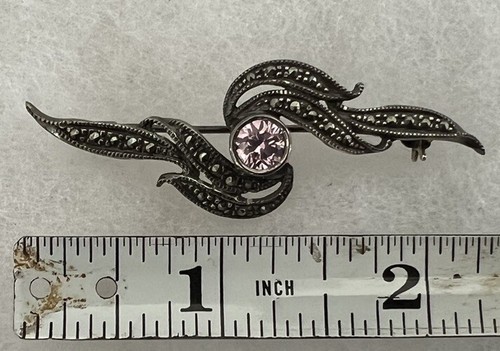 Vintage Pink Amethyst Markasite + .925 Sterling Silver Pin Brooch 2.25” - Picture 3 of 9