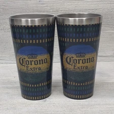 2 Pc Corona Extra 16oz Metal Double Walled Pint Glass Tumbler Man Cave Beer Bar