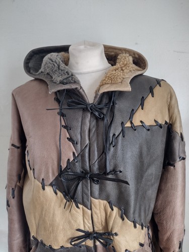 ENRICO COVERI Size 10-12 GREY,BROWN Patchwork LEATHER SHEEPSKIN Hooded COAT - Picture 9 of 15