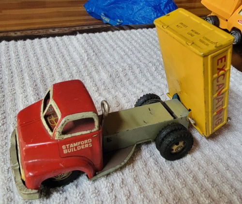 Vintage LINE MAR Stamford Builders GMC Litho Hauling Dumping Truck Metal Tin Toy - Picture 9 of 9