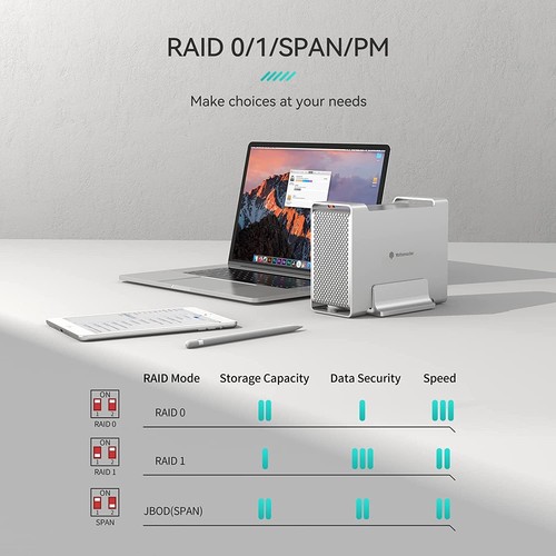 Yottamaster Dual 2 Bay RAID USB-Festplattengehäuse für 3,5"Zoll SATA SSD HDD 32T - Photo 7/9