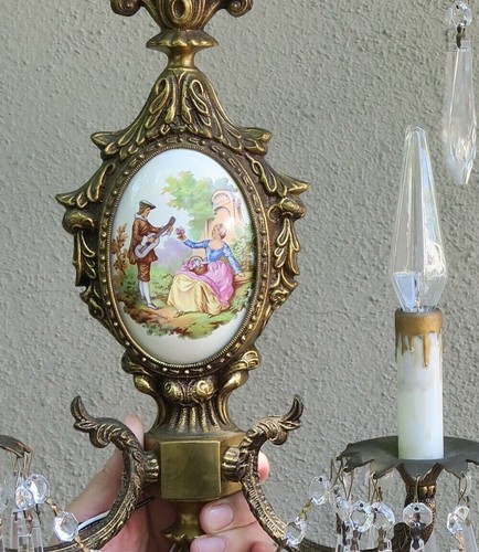Paar Wandleuchter Messing Porzellan Limoges Französisch Spanien Kristall Prisma Viktorianisches Paar - Bild 5 von 12