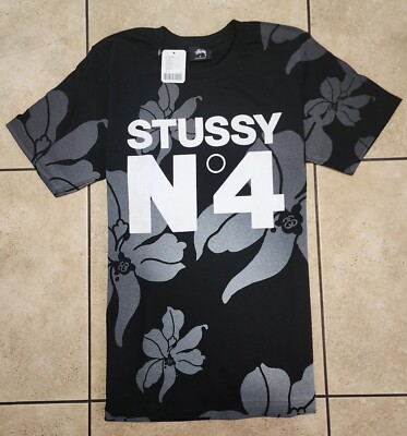 トップス deadstock STUSSY no4 tee ez VTG Stussy N4 Spell Out Tee Shirt Black No. 4 S-Link Logo