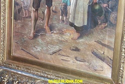 Antique Oil Painting of Family at Seashore Edge - Picture 2 of 6