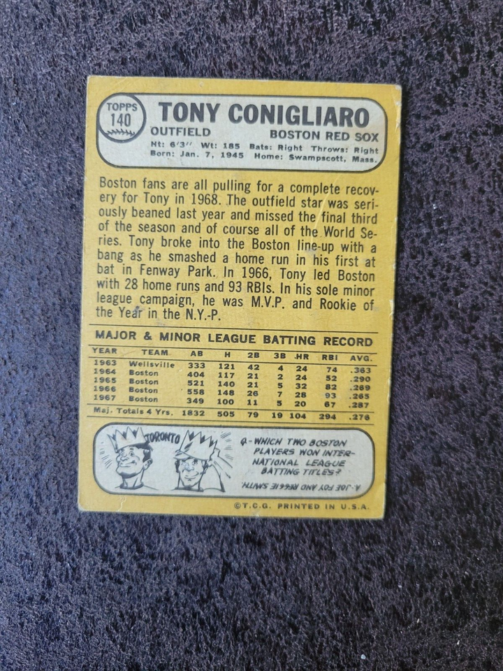 1968 Topps Baseball Tony Conigliaro 140 Boston Red Sox eBay