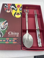 Chinese Chop Sticks with Spoon Stainless Steel in Gift Box Peking Mask 