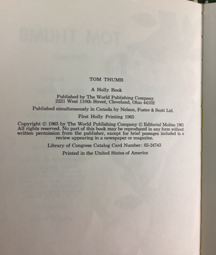 Tom Thumb a story by Perrault First Holly Printing 1965 World Publishing HB P2-1 - Picture 2 of 4