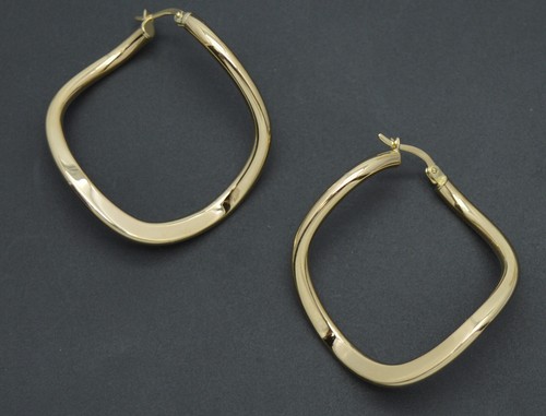 Real 14K Solid Yellow Gold 40.2mm Twisted Square Cut Shape Hoop Earrings 3.4gr - Picture 4 of 7