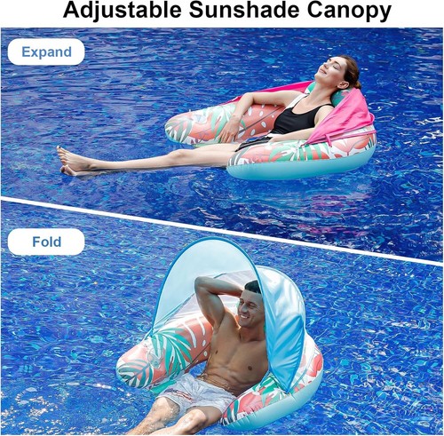 Pool Float with Canopy Headrest Inflatable Pool Chair with Cup Holder Adult Size - Picture 9 of 11