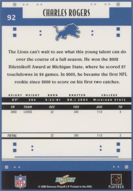 2005 Score Charles Rogers #92
