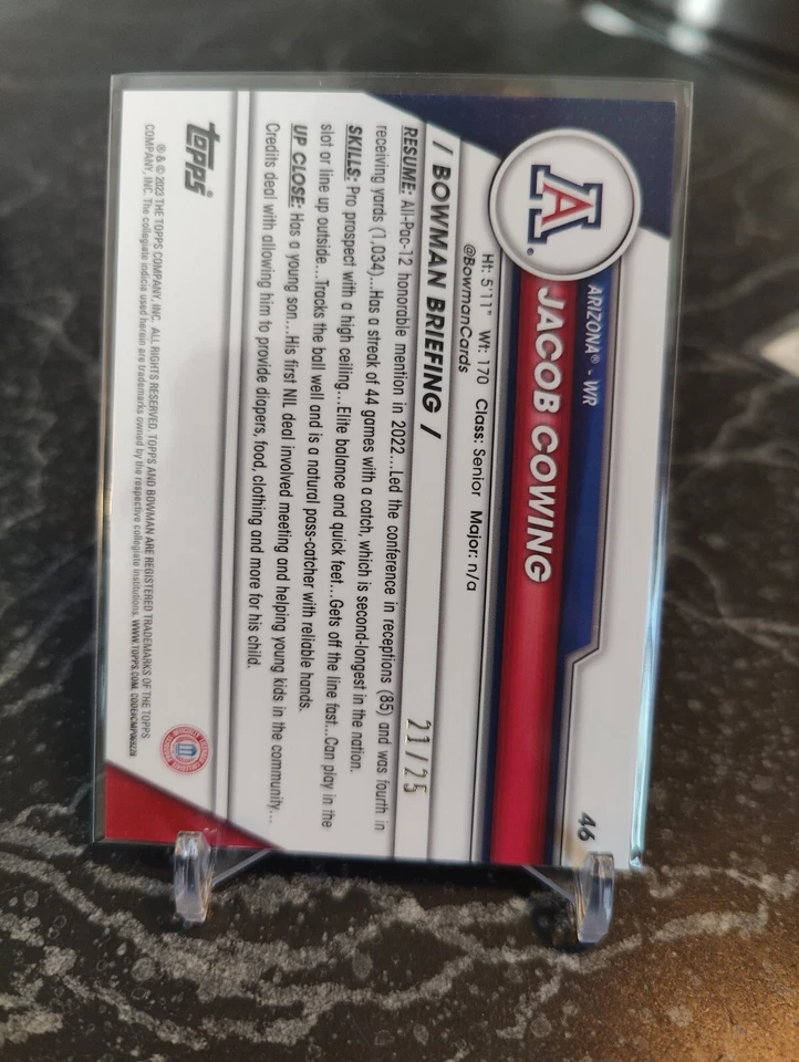 Jacob Cowing Orange Sapphire /25 2023 Bowman Chrome U University - Image 2 of 2